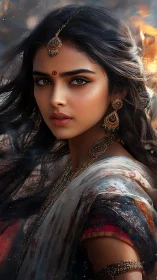 Graceful woman in flowing sari with soulful, steady gaze.