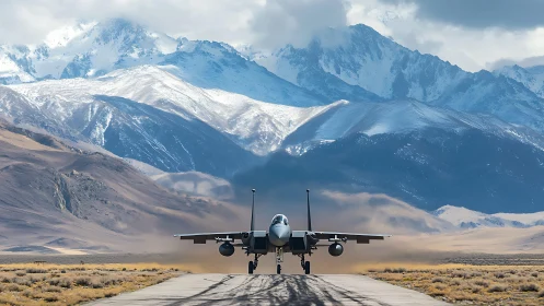 Jet aircraft taxiing on remote runway below snowy mountains.