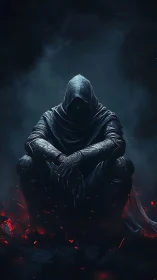 Hooded void sentinel seated amid ember-scarred darkness.