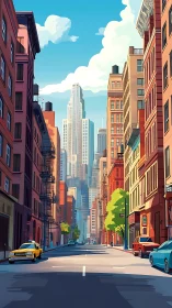 Linear-perspective downtown avenue with layered skyline depth.