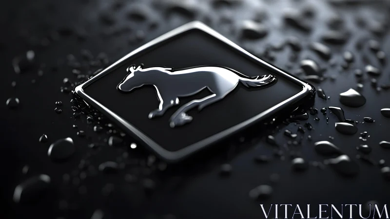 Sleek Mustang Emblem Close-Up on Wet Black Surface, Modern Style.