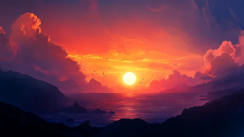 Vivid digital seascape with sun over distant dark cliffs.