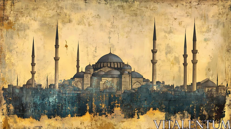 Silhouetted mosque skyline on textured ochre background.