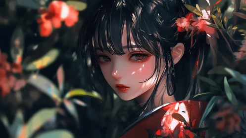Scarlet-eyed muse melts into a sun-dappled garden hush