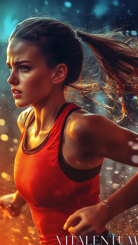 Dynamic female runner rendered with high-contrast bokeh lighting effects