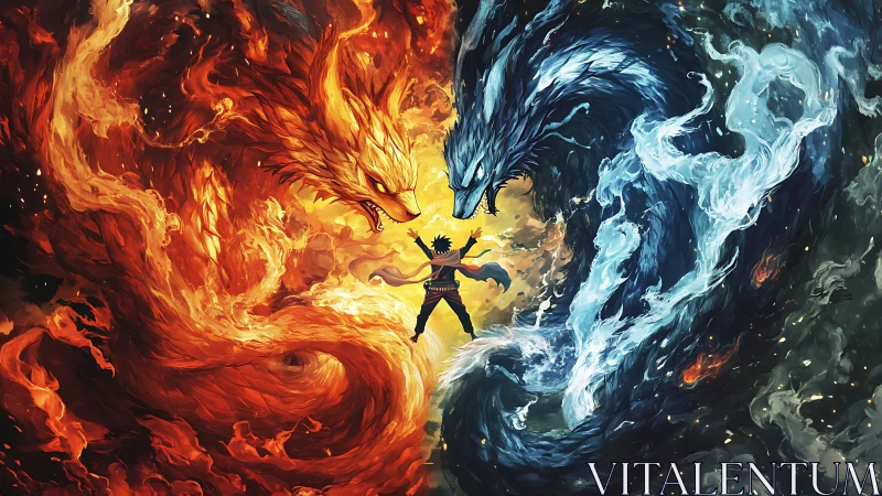 Elemental fire and water dragons circle lone warrior.