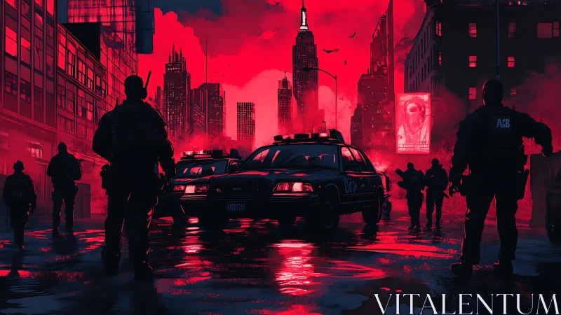 Police officers surround patrol cars in red lit city street