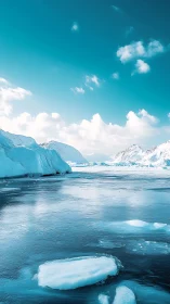 Glacial fjord under cyan sky with drifting sea ice.