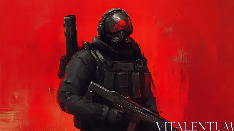 Tactical soldier portrait on crimson abstract background.