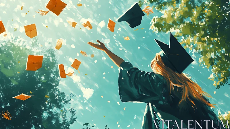 Graduate throws cap toward bright sky during celebration