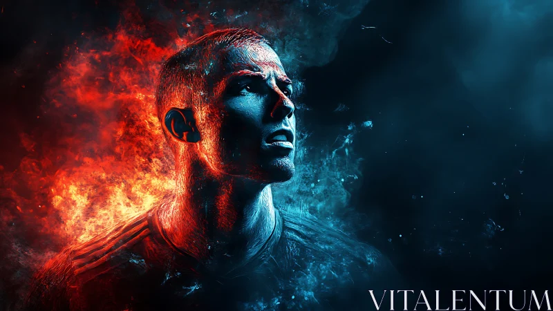 Digitally rendered male portrait divides fire and smoke tones