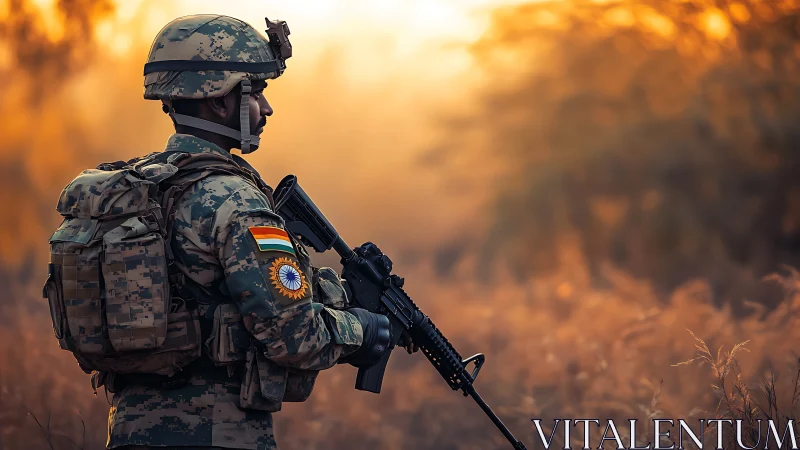 Sunlit soldier in quiet field at golden evening hour.