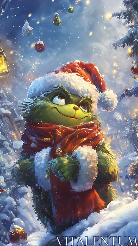 Green furry creature in Santa outfit stands in snowy forest