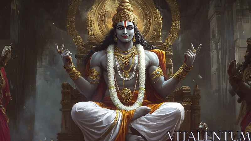 Divine monarch in marigold light upon an ancient throne.