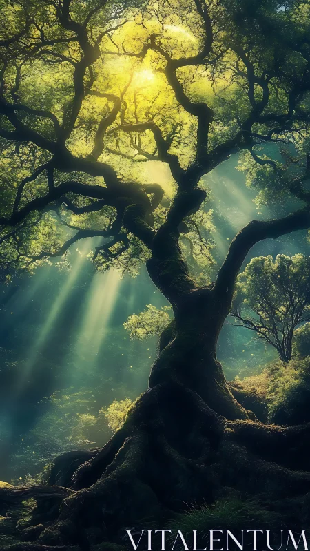 Sunlit elder tree catching enchanted rivers of light.