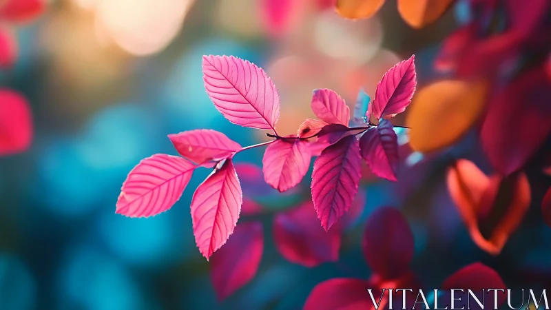 Magenta leaves glow against teal bokeh forest background.