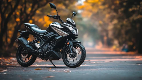 Sport-touring motorcycle in shallow-depth autumn roadway study.