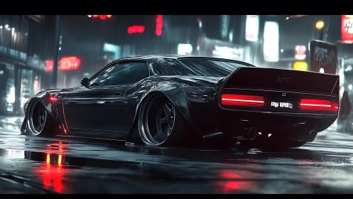 Neon rainstorm muscle car idling in electric midnight streets.