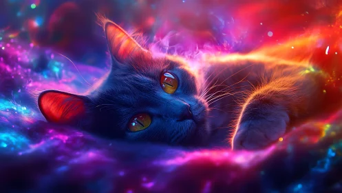 Neon Surrealism Cat: Vivid Light Waves.