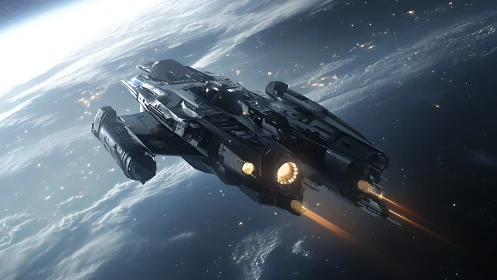 Sleek starship gliding over a glowing, cloudlit planet.
