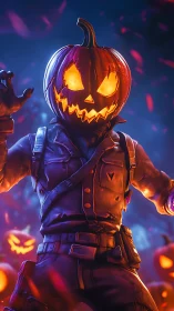Pumpkin-headed soldier lunges through glowing Halloween fog