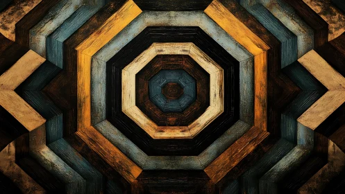 Concentric geometric wood pattern in blue, gold and brown tones.
