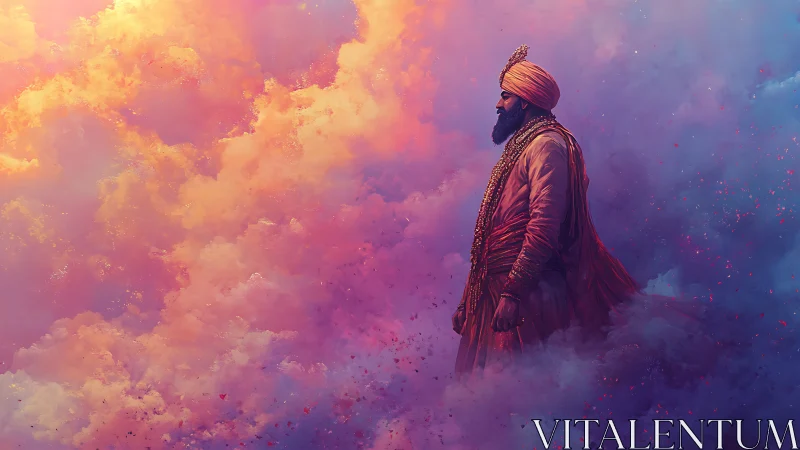 Regal turbaned warrior in iridescent magenta and cyan clouds