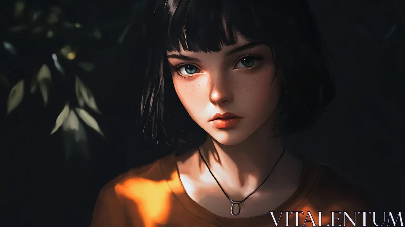 Soft dusk portrait of freckled girl in warm side light.