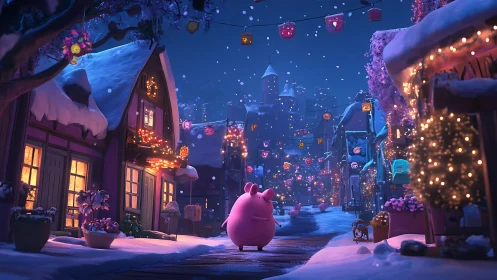 Snowy lantern village glows as pink creature wanders peacefully.