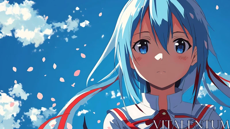Blue haired anime girl under clear sky with petals.