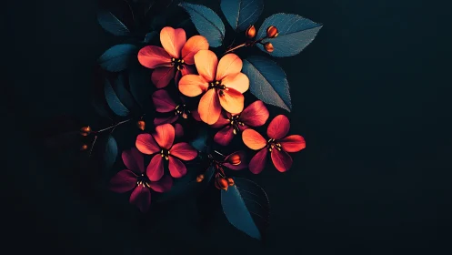 Orange and Red Flowers Against Dark Teal Foliage.