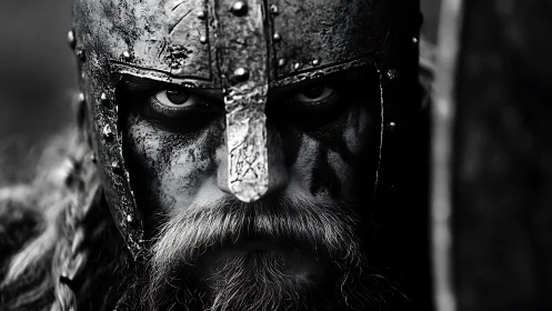 Steel-clad Viking warrior portrait in stark monochrome focus.
