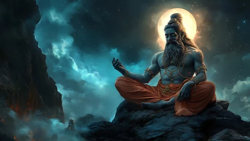 Moonlit blue sage meditates over stormlit mountain abyss.