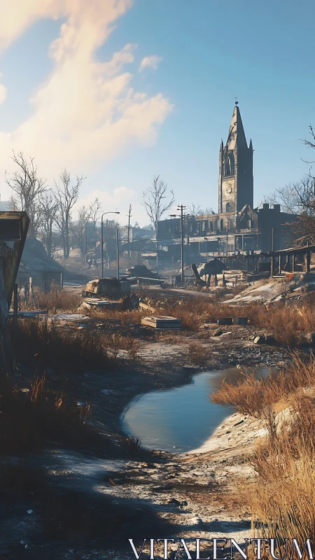 Post-apocalyptic winter townscape with ruined clock tower and marsh