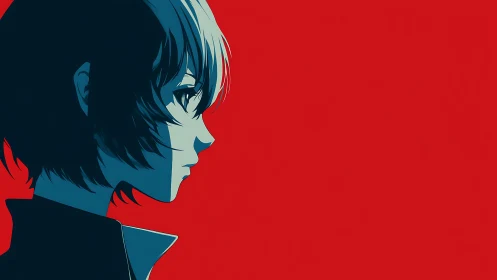 Anime profile silhouette cuts against bold crimson field.