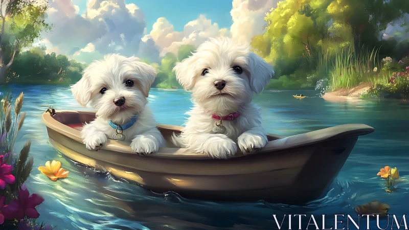 White puppies in small wooden boat on calm river.