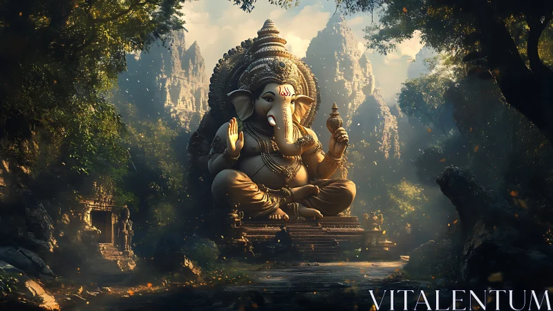 Sacred jungle morning crowns the serene Ganesha colossus