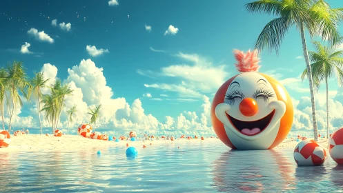 Clown-faced inflatable sphere on tropical beach shoreline.