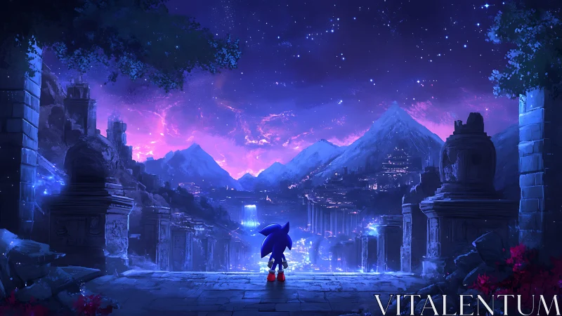 Blue hedgehog figure in luminous ruined valley at night.