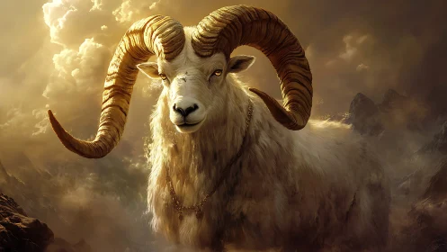 Majestic horned ram emerges from stormlit mountain mist.