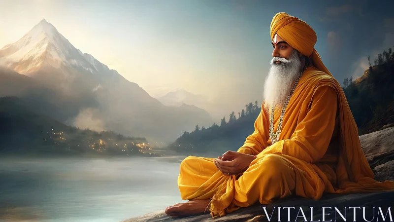 Meditative Sikh elder rendered in high-detail digital painting by mountain lake