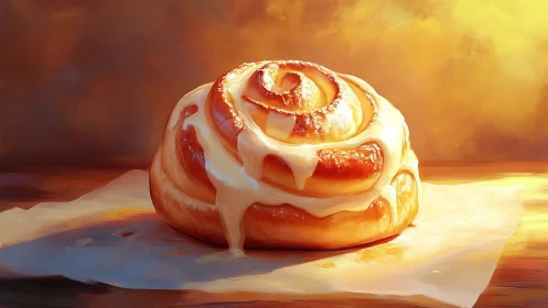 Cinnamon Roll Still Life with Glazed Frosting Detail.