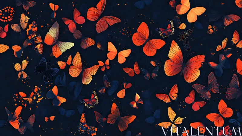 Glowing orange butterflies drift across a deep midnight sky