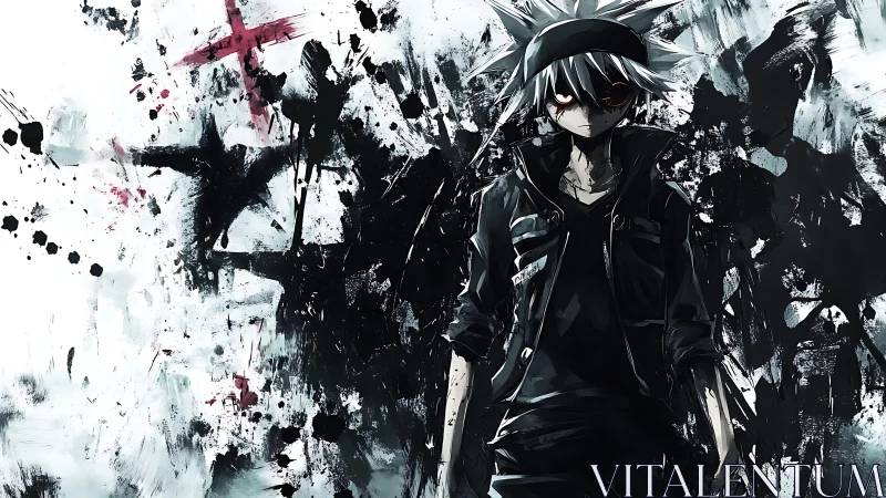 Monochrome rebel figure amid chaotic ink-splatter abstraction.