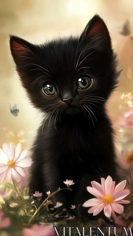 Obsidian Kitten Contemplates Daisies in Dreamland