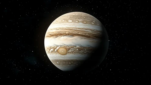 Jupiter gas giant with Great Red Spot in starry space.