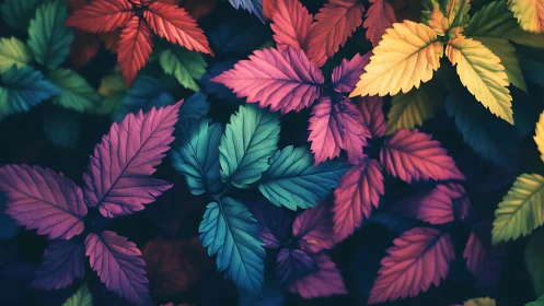 Digital painting of neon foliage with layered chromatic leaves.