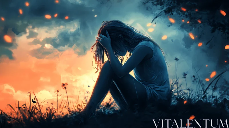 Backlit silhouette of seated girl in high-contrast bicolor dusk