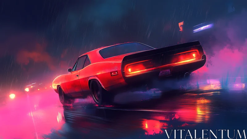 Neon night muscle car racing through rain-soaked streets.