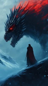 Fiery frost dragon meets lone hero on a silent winter ridge.